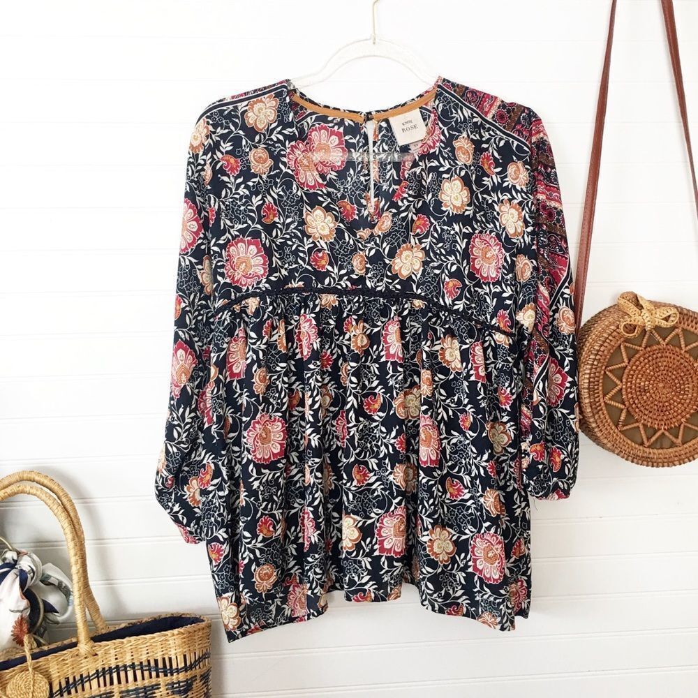 Knox Rose Boho Floral Paisley Navy Blue Blouse